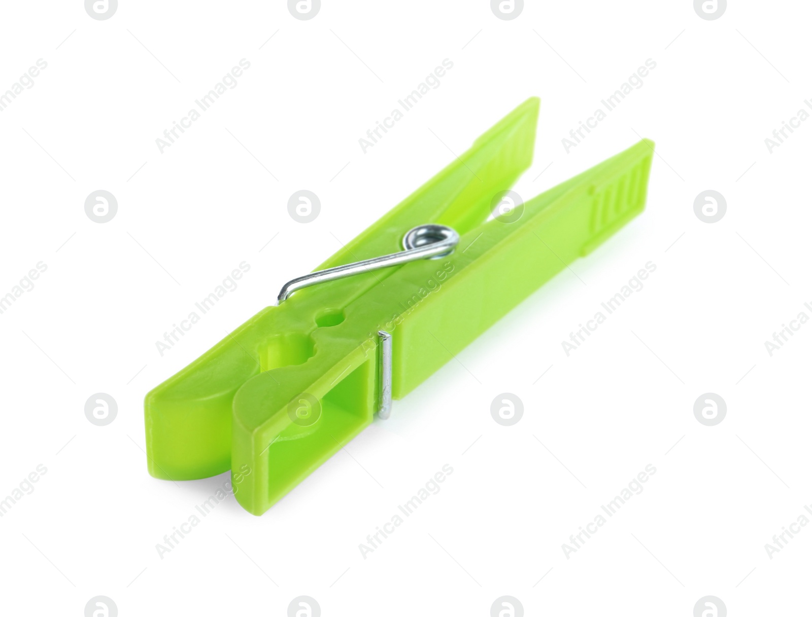 Photo of Bright green plastic clothespin isolated on white