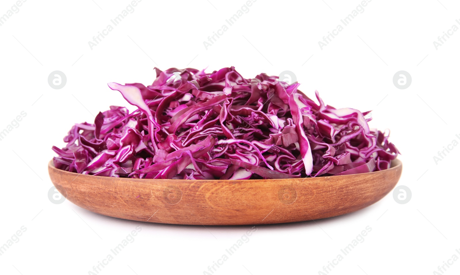 Photo of Plate with chopped red cabbage on white background