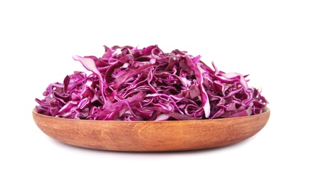 Photo of Plate with chopped red cabbage on white background