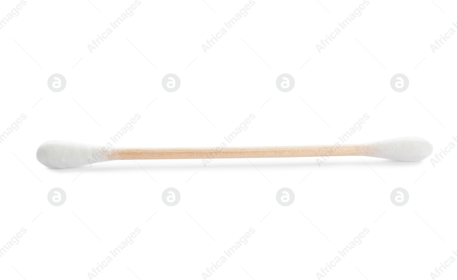 Photo of Wooden cotton swab on white background. Hygienic accessory