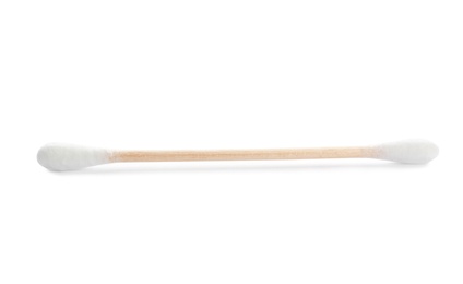 Wooden cotton swab on white background. Hygienic accessory