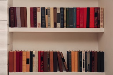 Collection of different books on shelves. Home library