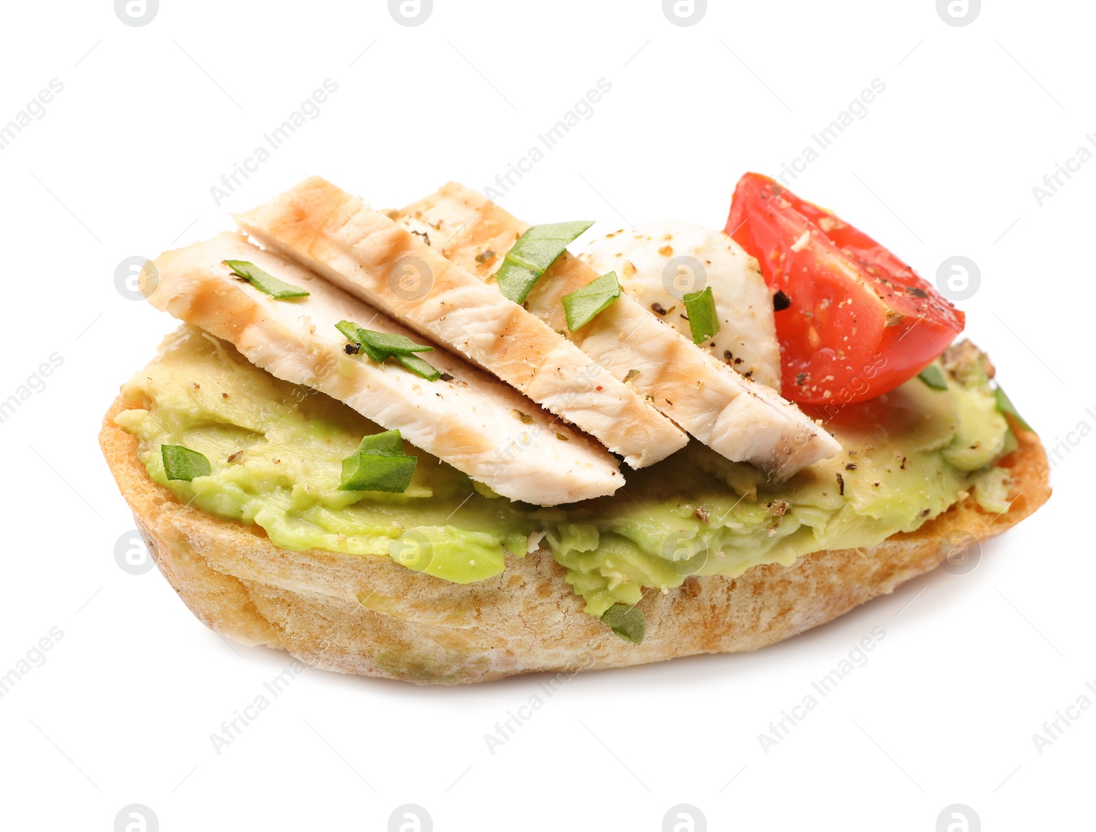 Photo of Delicious chicken bruschetta on white background. Traditional Italian antipasto