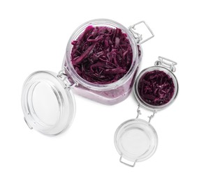 Photo of Jars with tasty red cabbage sauerkraut isolated on white, top view