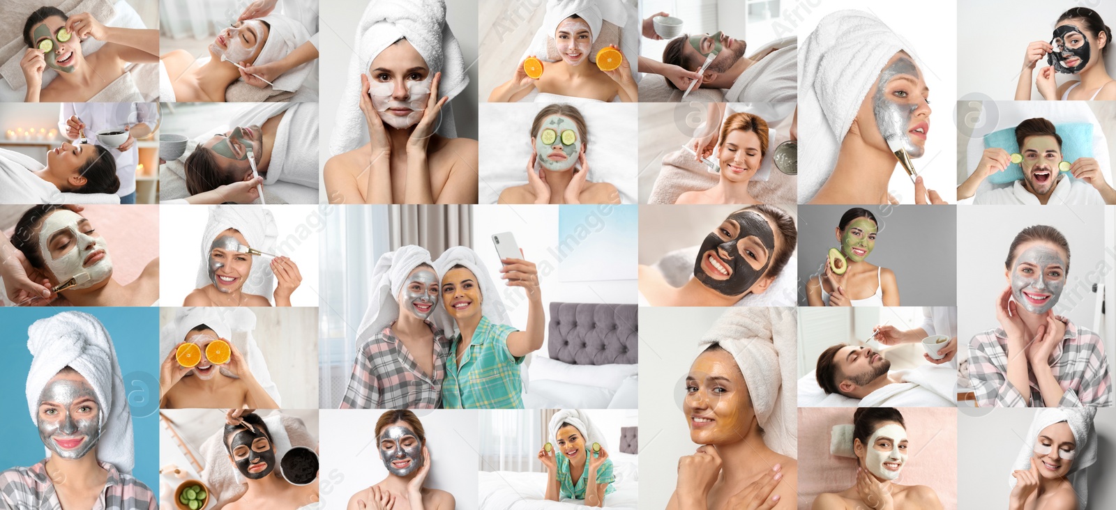 Image of Collage with photos of people with cleansing and moisturizing masks on faces. Banner design