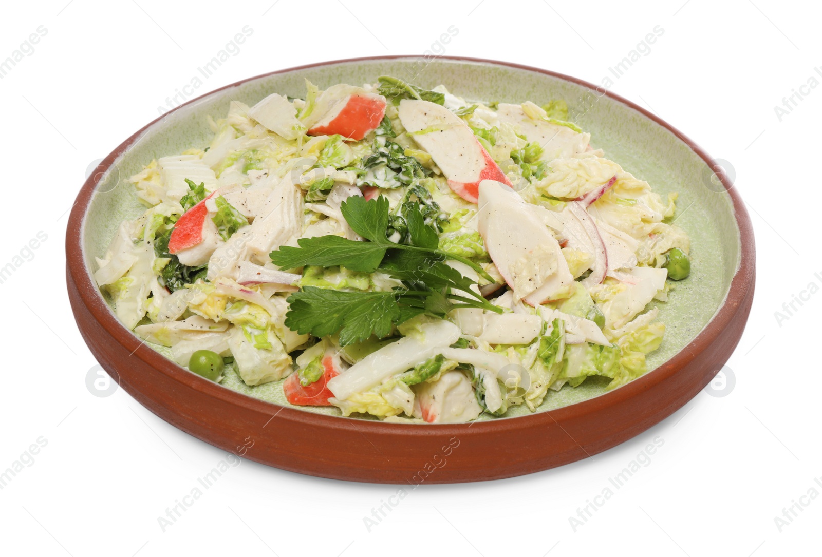 Photo of Delicious salad with Chinese cabbage, crab sticks and parsley isolated on white