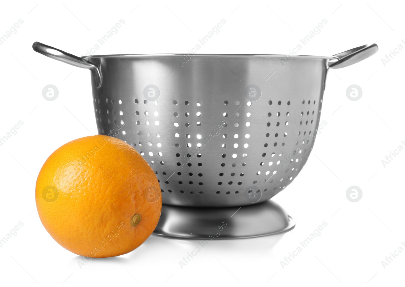 Photo of Colander with fresh orange isolated on white