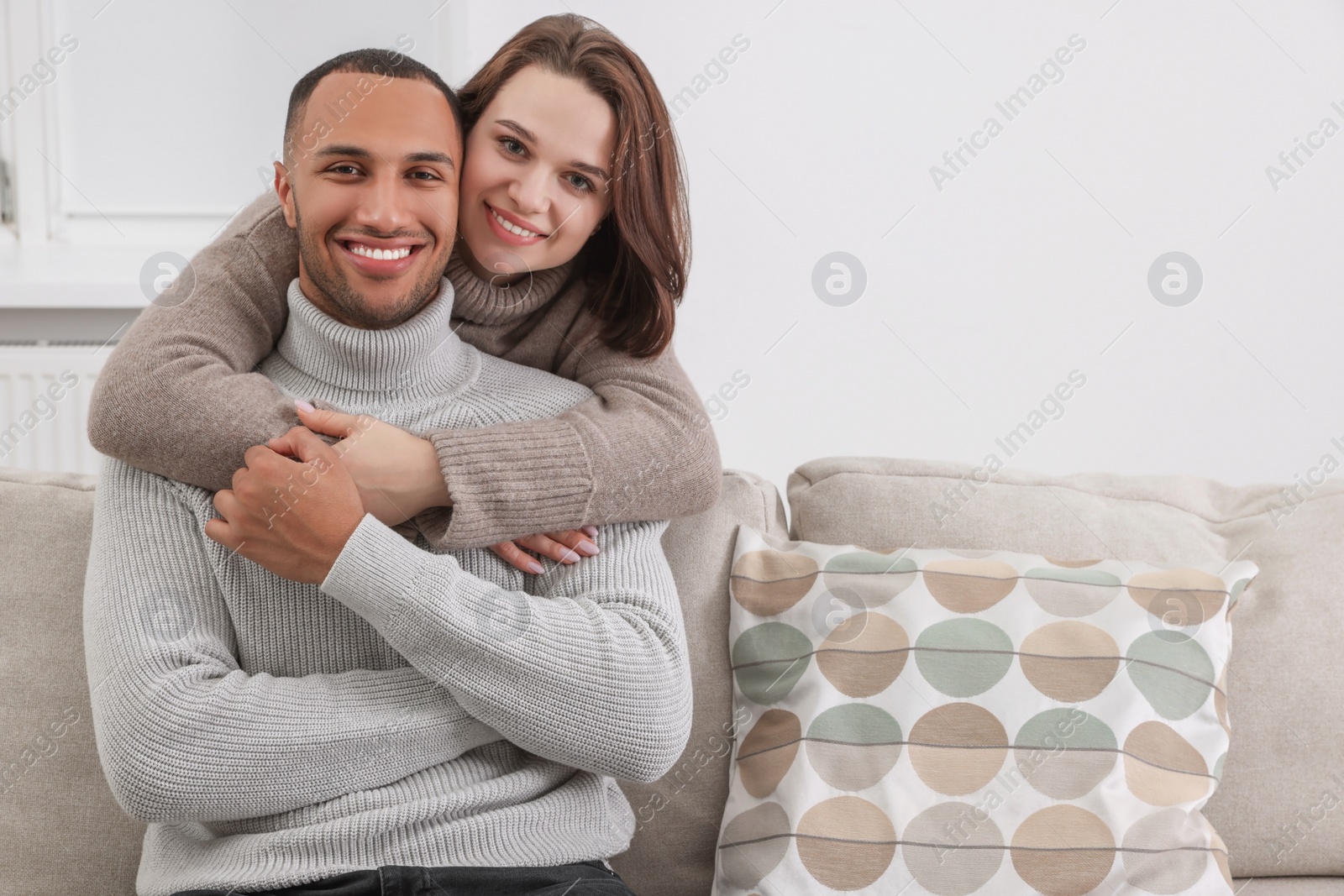 Photo of Dating agency. Happy couple enjoying time together at home, space for text