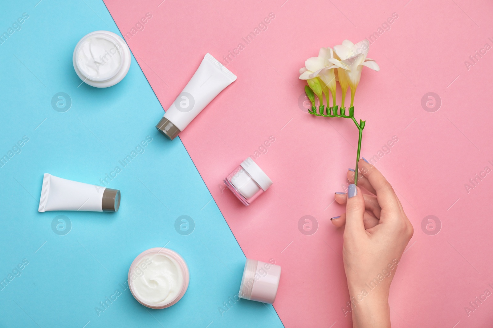 Photo of Woman holding flower near cosmetic products on color background