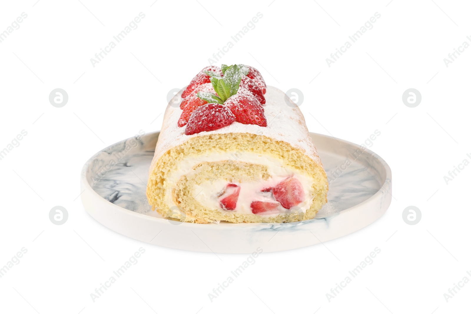 Photo of Delicious cake roll with strawberries isolated on white