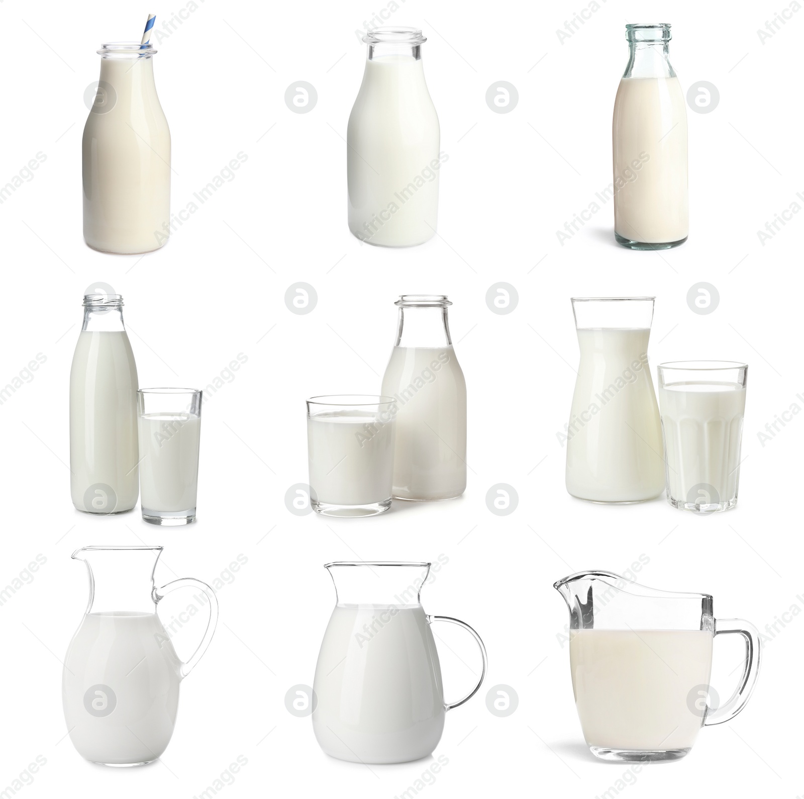 Image of Set with different glassware of fresh milk on white background