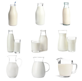 Image of Set with different glassware of fresh milk on white background