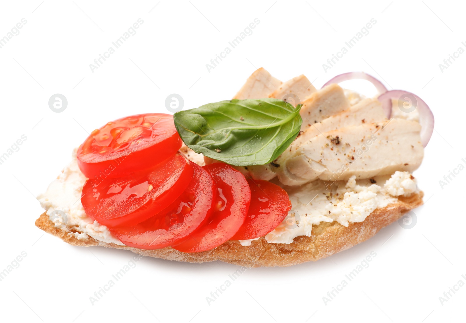 Photo of Delicious chicken bruschetta on white background. Traditional Italian antipasto