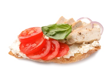 Photo of Delicious chicken bruschetta on white background. Traditional Italian antipasto