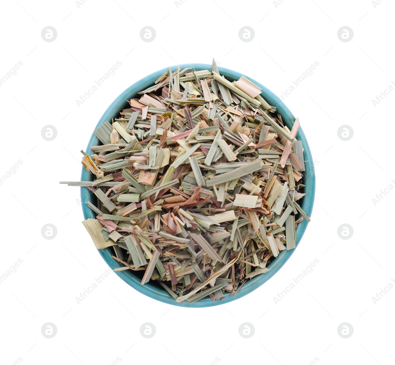 Photo of Bowl of aromatic dried lemongrass isolated on white, top view