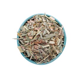 Bowl of aromatic dried lemongrass isolated on white, top view