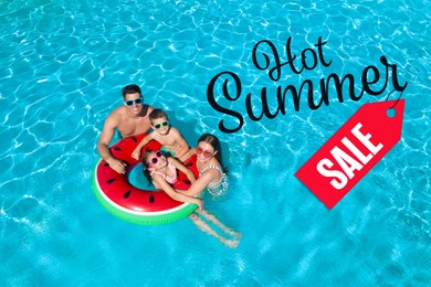 Image of Hot summer sale flyer design. Family with inflatable ring in swimming pool and text