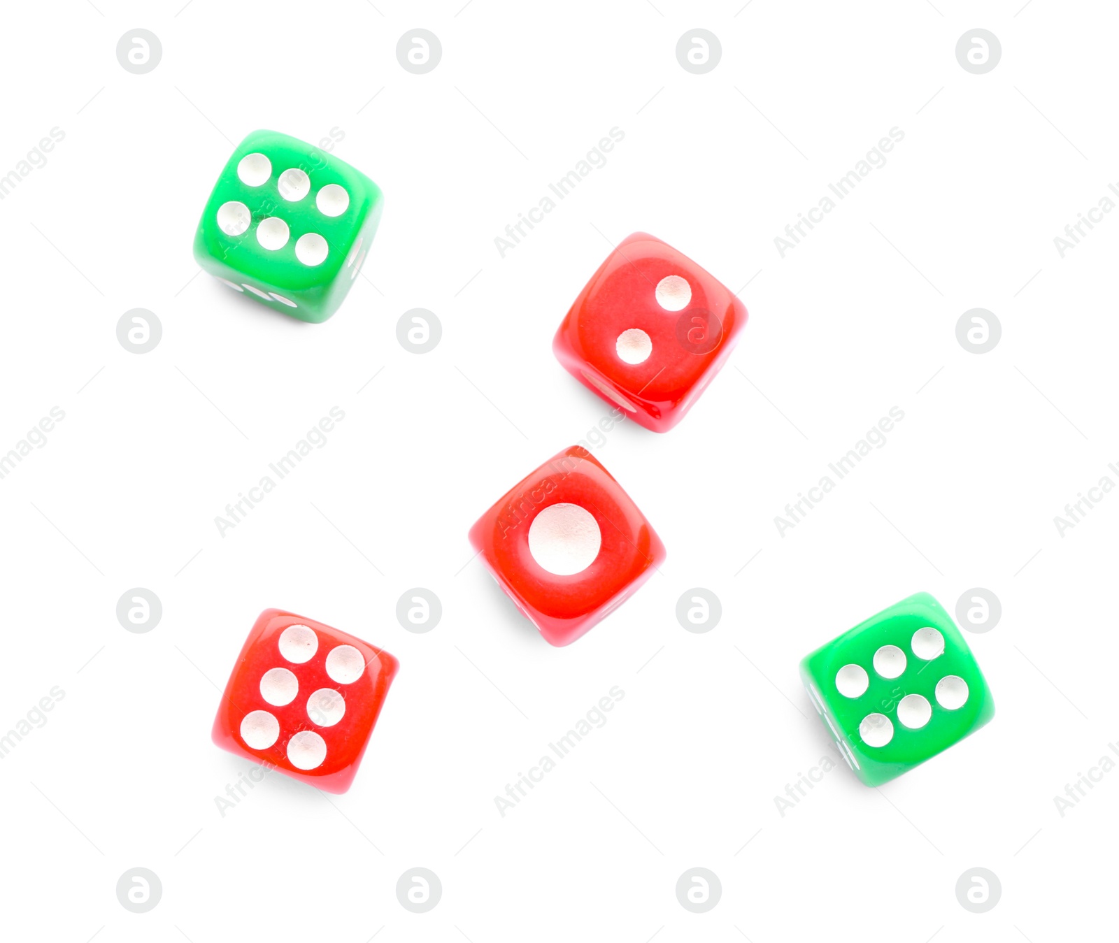 Photo of Many green and red game dices isolated on white, top view