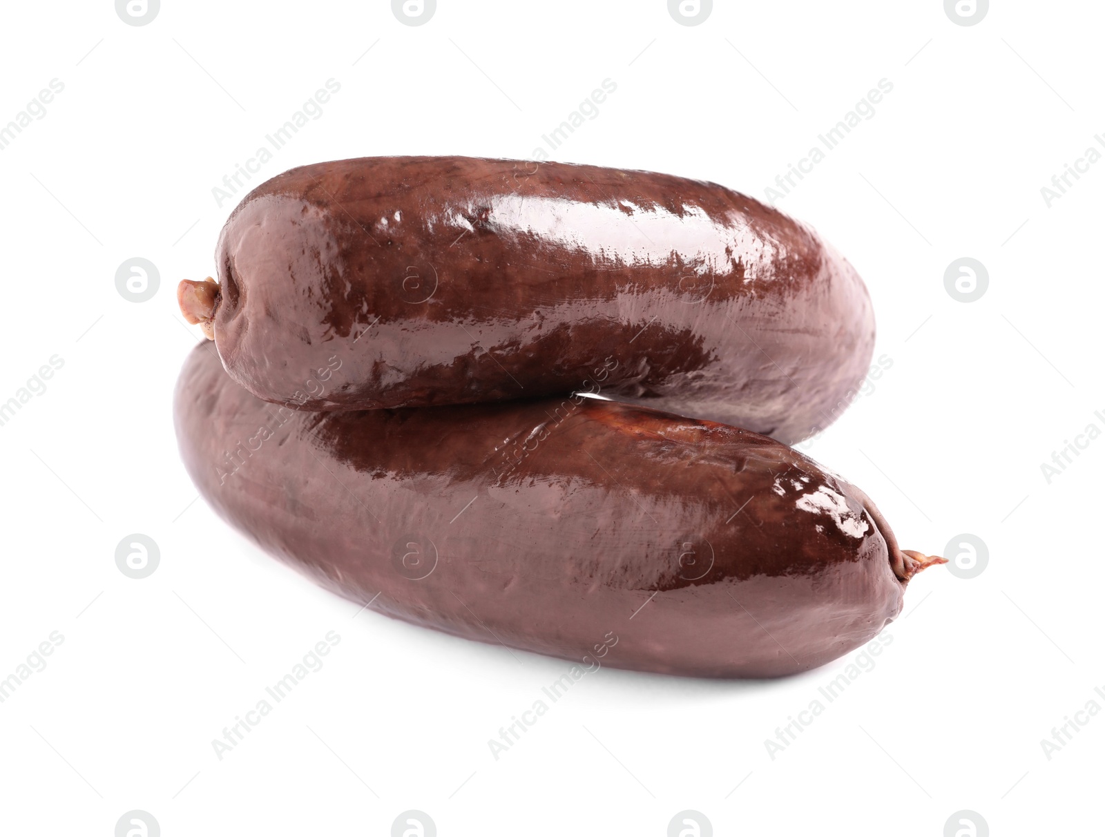 Photo of Whole tasty blood sausages on white background