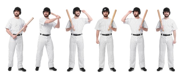 Baseball player with bat on white background, set of photos