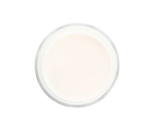 Photo of Glass of milk on white background. Fresh dairy product