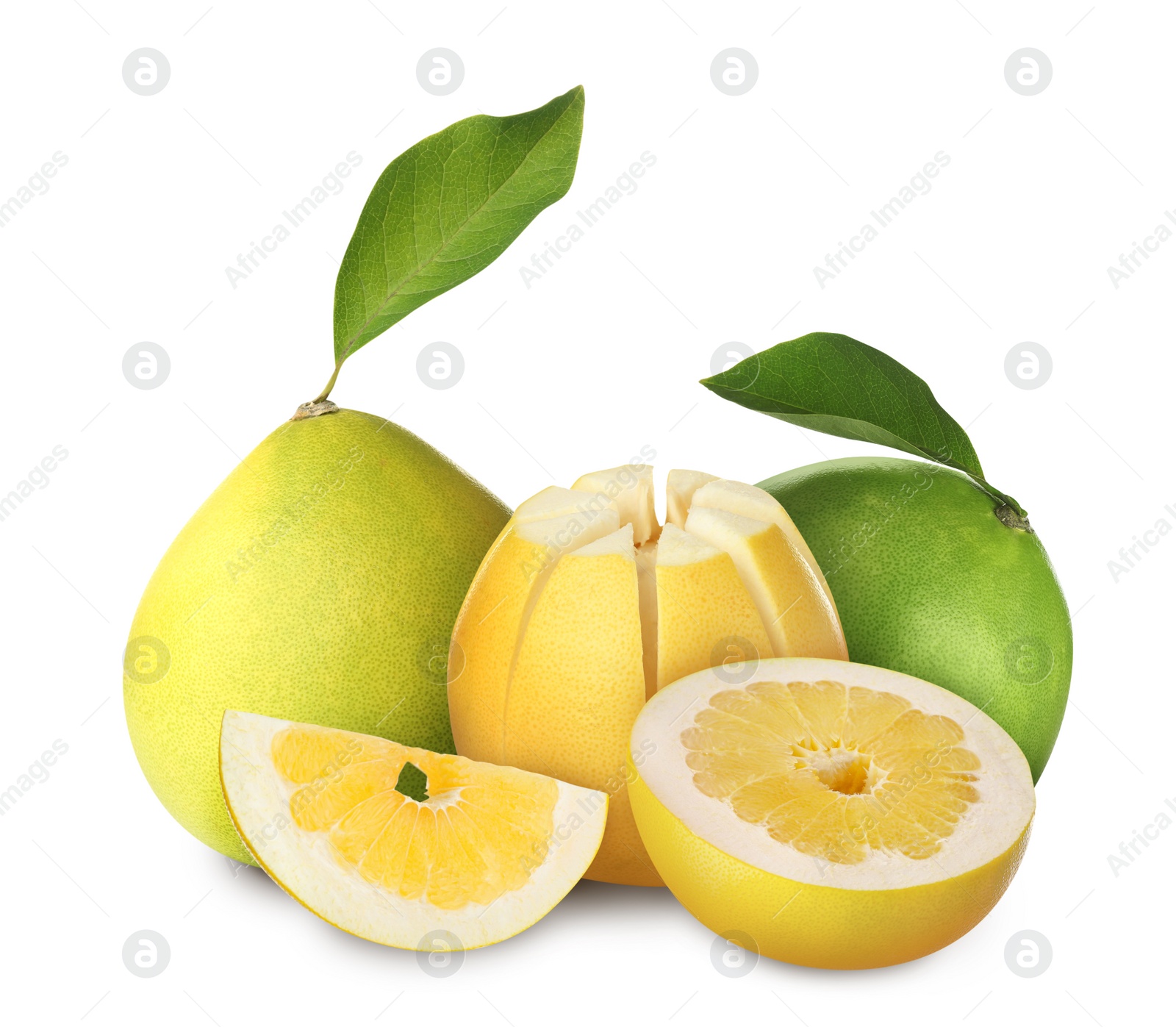 Image of Cut and whole fresh pomelo fruits on white background