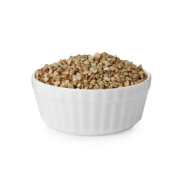 Photo of Organic green buckwheat in bowl isolated on white