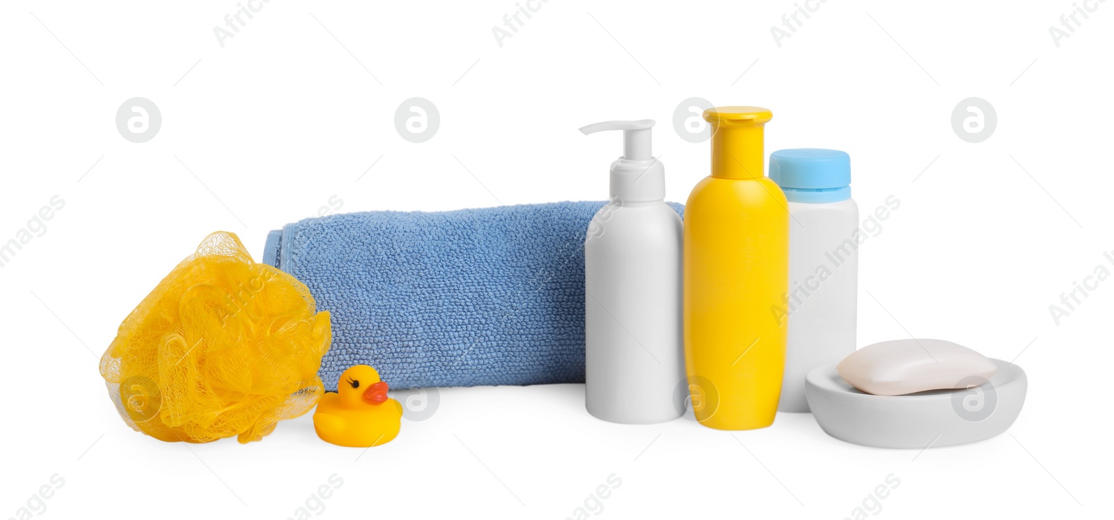 Photo of Baby cosmetic products, bath duck, sponge and towel isolated on white