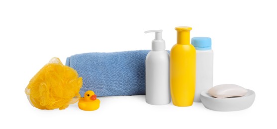 Photo of Baby cosmetic products, bath duck, sponge and towel isolated on white