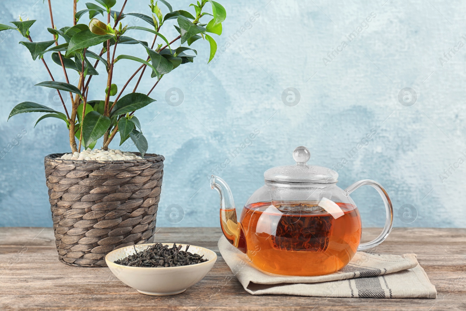 Photo of Bowl with dry tea, small shrub and glass pot of hot beverage on table