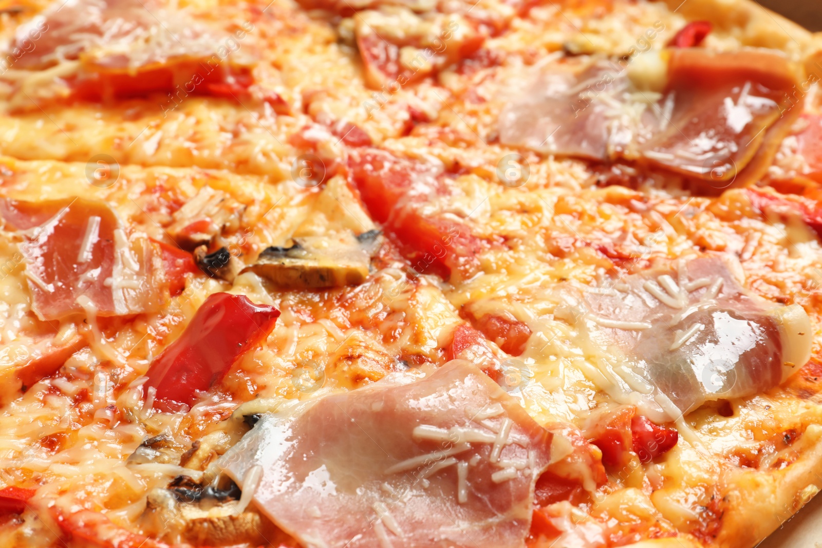 Photo of Delicious pizza with bacon as background, closeup