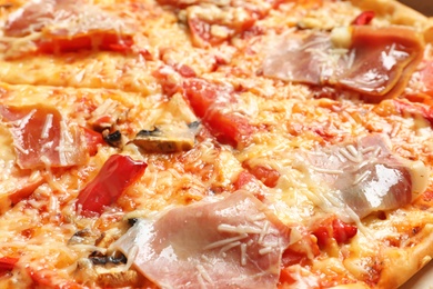 Delicious pizza with bacon as background, closeup