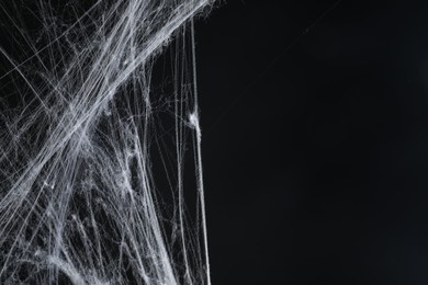 Creepy white cobweb on black background, space for text