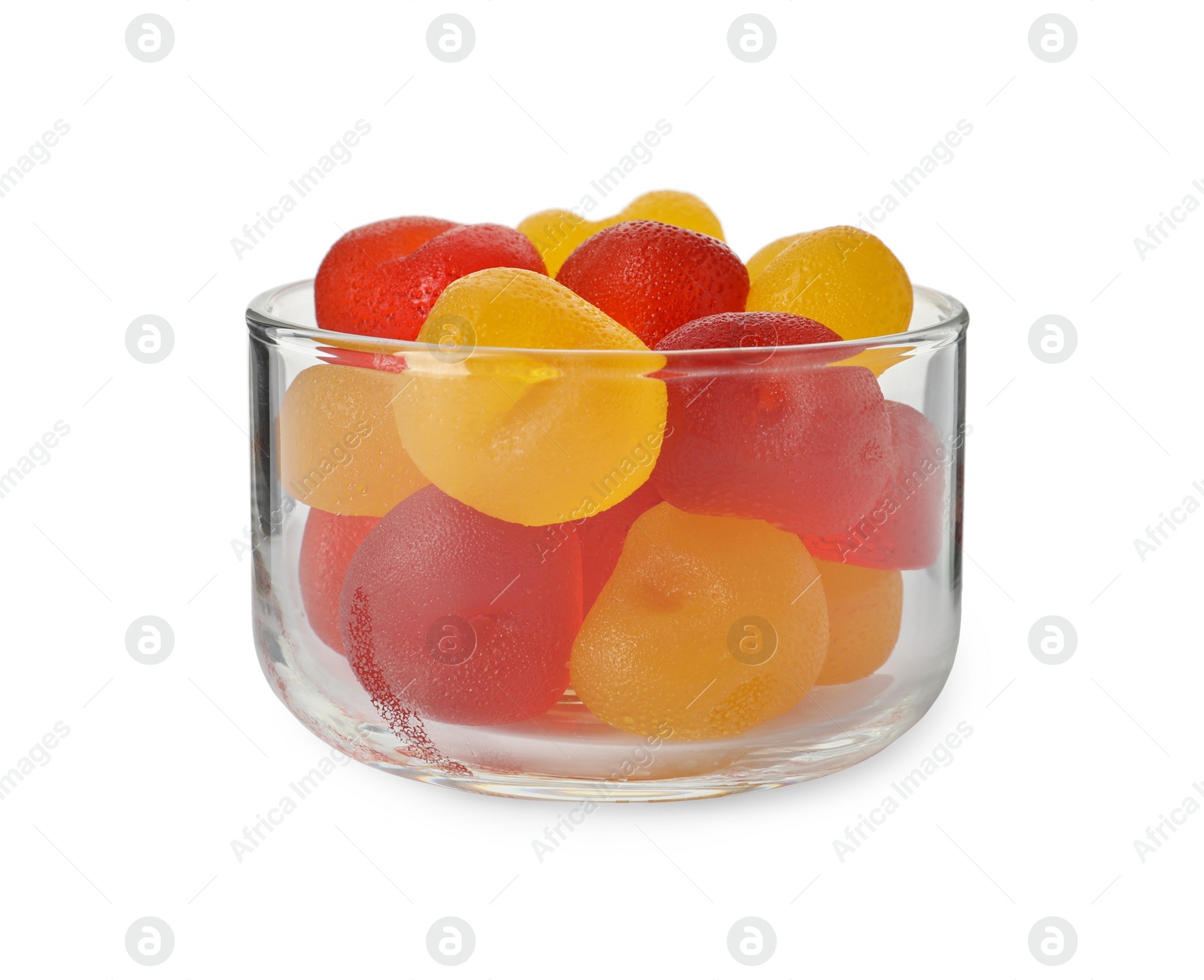 Photo of Delicious gummy fruit shaped candies in bowl isolated on white