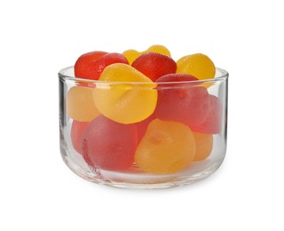 Delicious gummy fruit shaped candies in bowl isolated on white