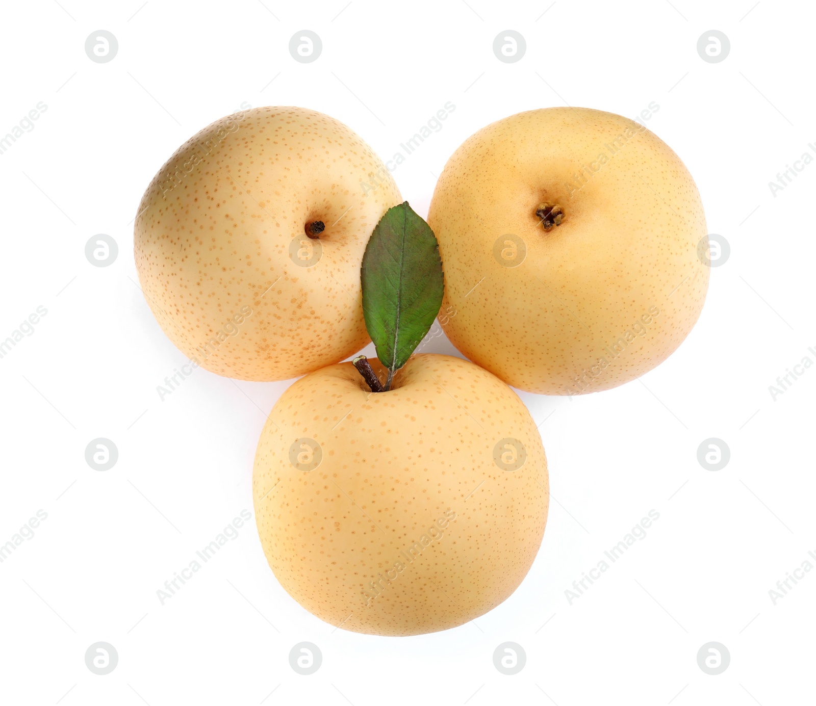 Photo of Fresh ripe apple pears on white background, top view