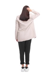 Photo of Businesswoman in suit on white background, back view