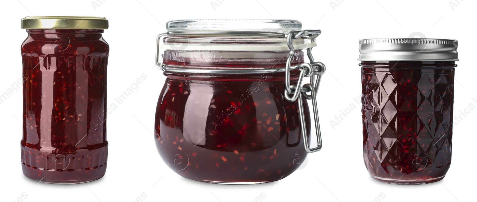 Image of Set of jars with raspberry jam on white background 