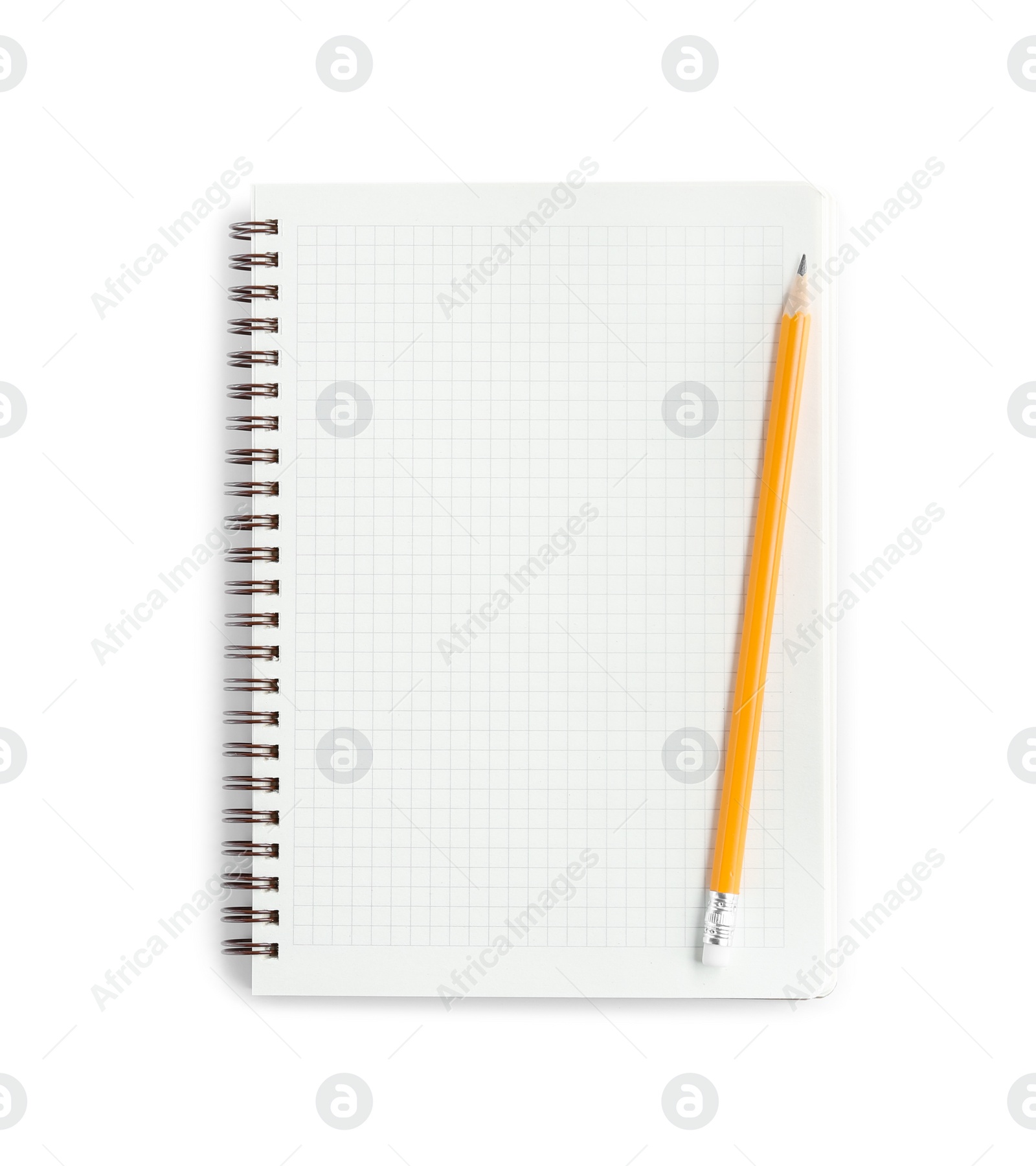 Photo of Notebook and pencil isolated on white, top view