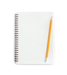 Photo of Notebook and pencil isolated on white, top view