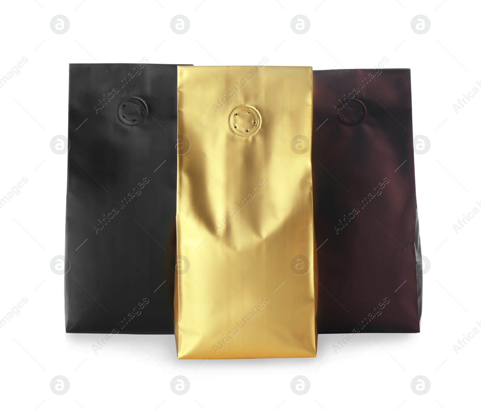 Photo of Different blank foil packages isolated on white