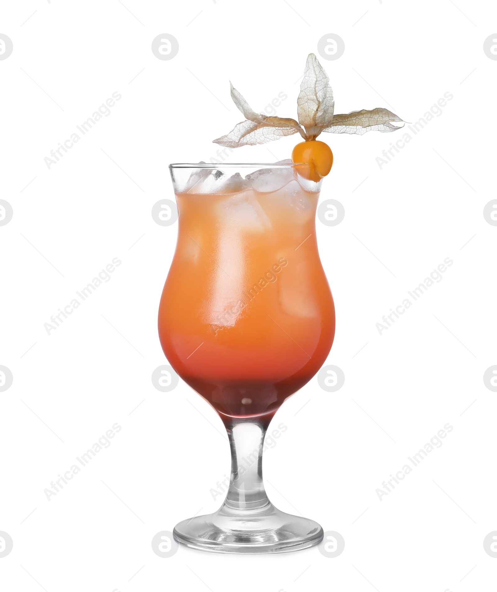 Photo of Refreshing cocktail decorated with physalis fruit on white background