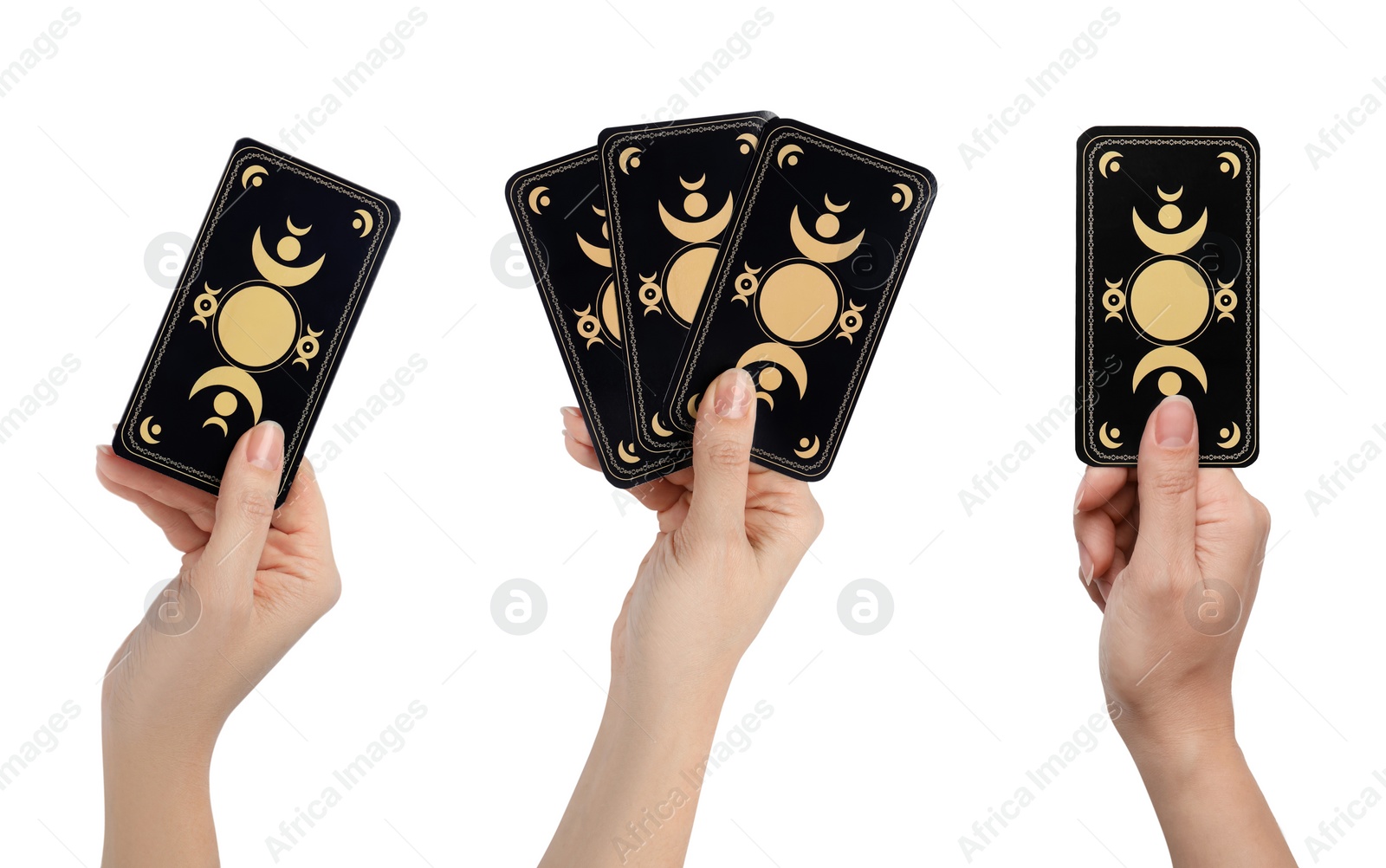 Image of Closeup of woman holding tarot cards on white background, collage. Reverse side