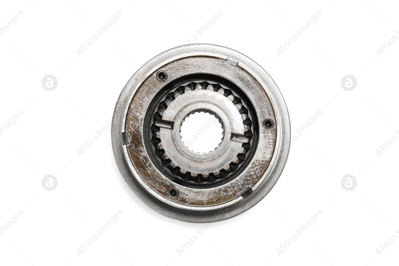 Photo of Stainless steel gear isolated on white, top view