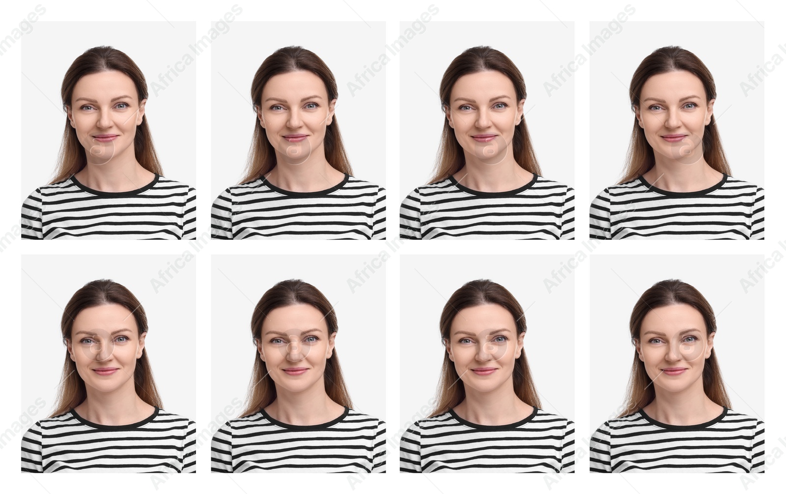 Image of Passport photo, collage. Woman on white background, set of photos