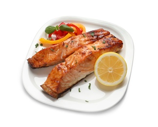 Photo of Plate with tasty cooked salmon on white background