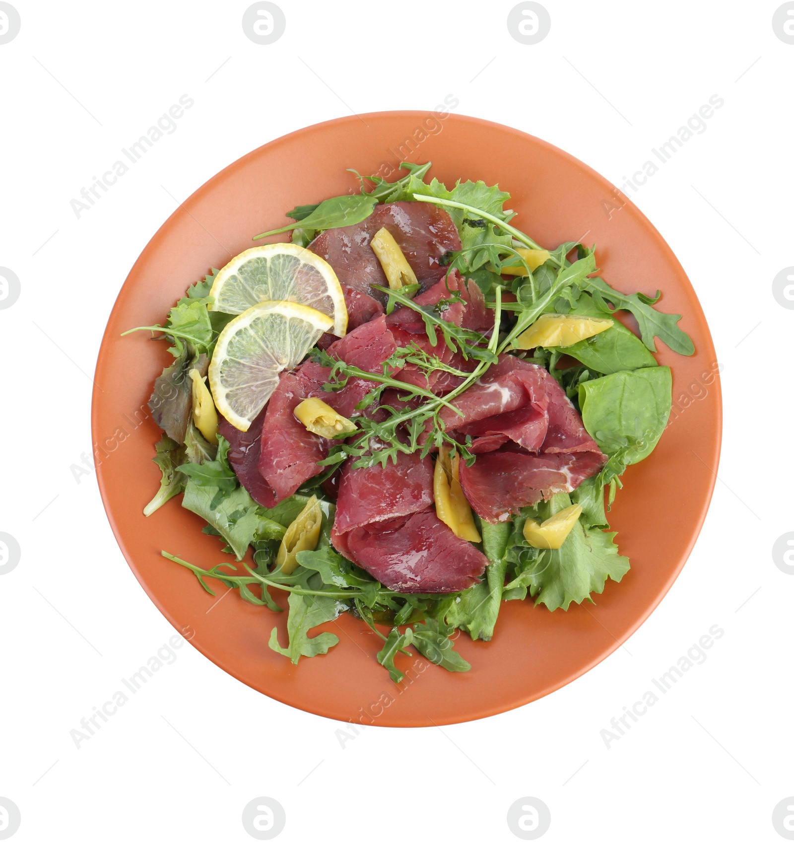 Photo of Delicious bresaola salad isolated on white, top view