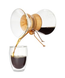 Photo of Pouring coffee from chemex coffeemaker into glass isolated on white