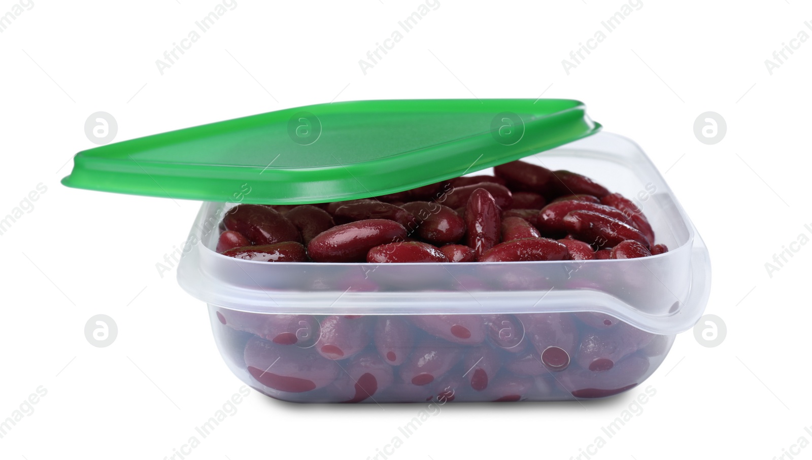 Photo of Fresh red kidney beans in plastic container isolated on white