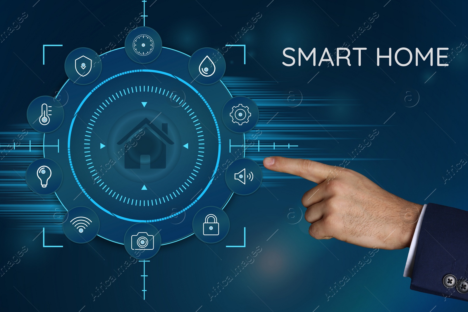 Image of Man using digital screen with Smart Home interface on blue background, closeup